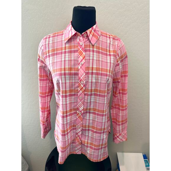 TALBOTS | Pink Plaid Cotton Classic Button Down Long Sleeve Shirt | Small - Picture 2 of 6